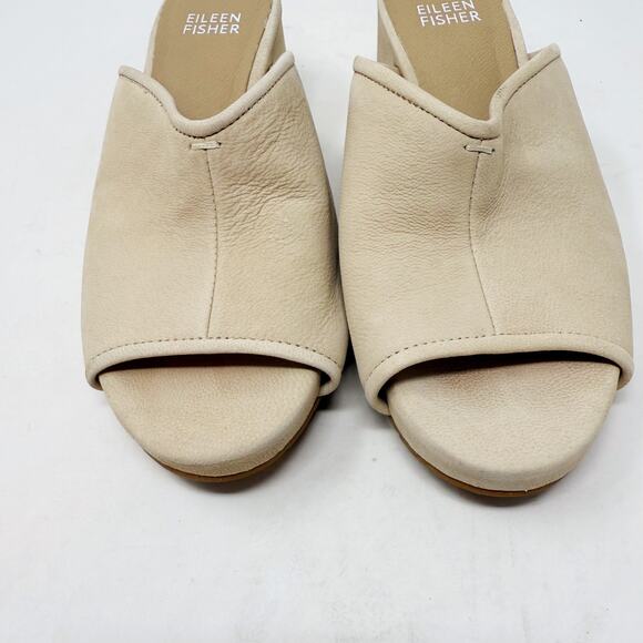 Eileen Fisher 5.5 Cream Lino Leather Fala Block Heel Sandals Slip On V Shape - Picture 5 of 10